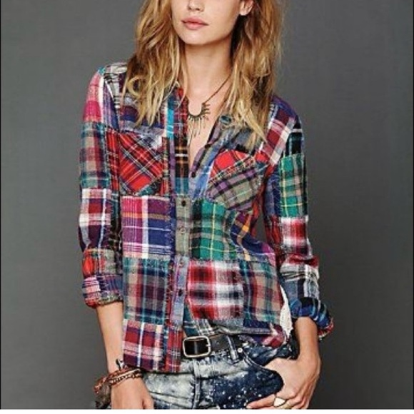 Free People Patchwork Lost In Plaid Flannel Boho Shirt Top Button Down *rare - Picture 2 of 11
